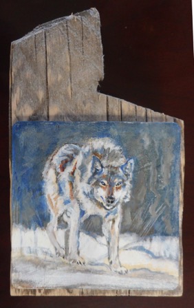 Timber Wolf 
7.5” x 4” x 2” acrylic on wood